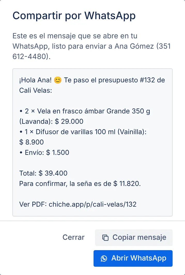 Presupuesto armado en Chiche, listo para mandar por WhatsApp: productos, envío, total y seña para confirmar.